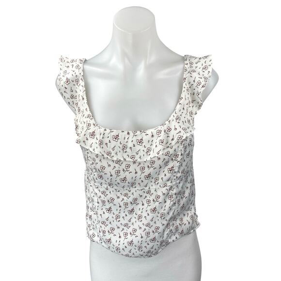 Free People White Floral Print Sleeveless Ruffle Cami Camisole Crop Tank Top M - Picture 1 of 4